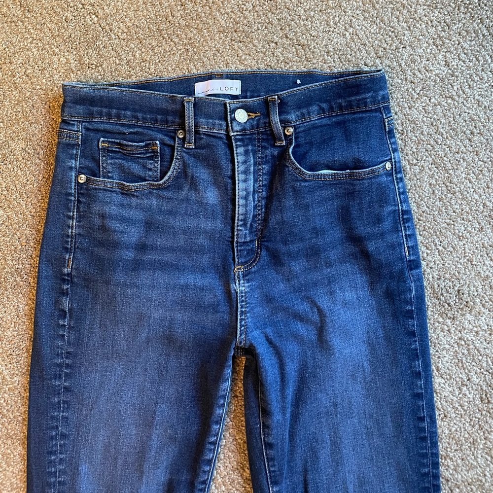LOFT Petite Mid Rise  Skinny Jeans in Vintage Dark Wash - Picture 6 of 9